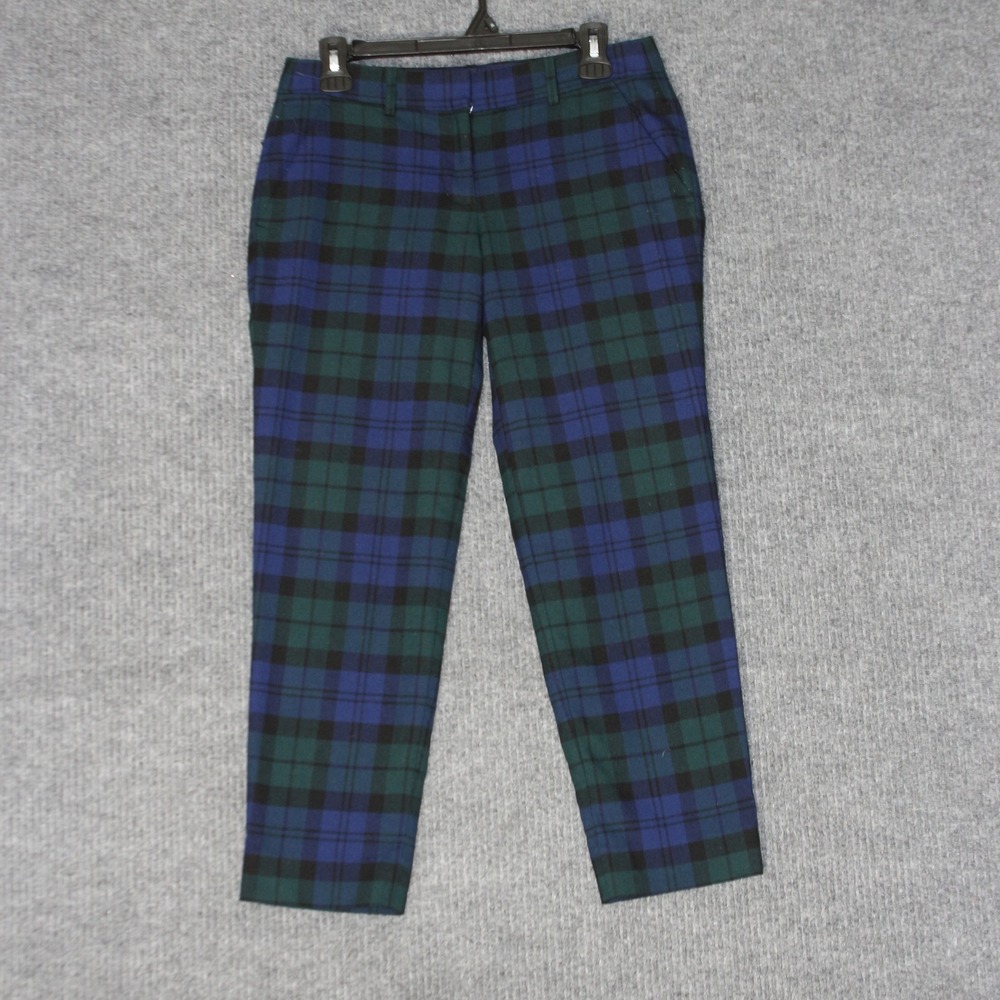 J Crew Plaid Pants Women‎ 2 Blue Green Excellent Stretch Wool Black Watch